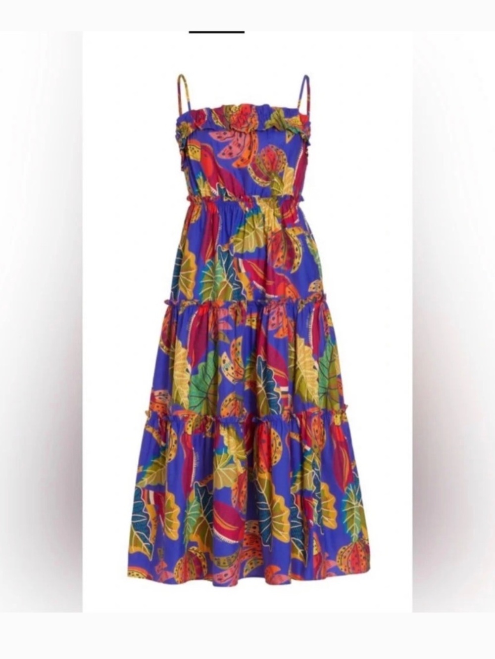 Farm Rio spaghetti strap blue multicolored ruffled dress